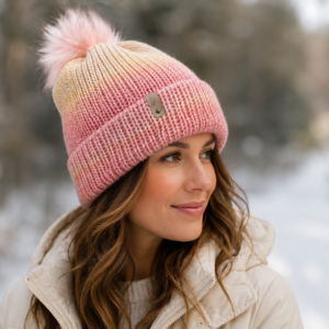 Knitted Beanie Hat with Faux Fur Pom