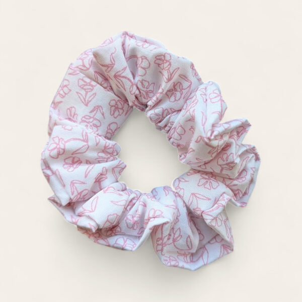 Scrunchie - Pink Flowers on White